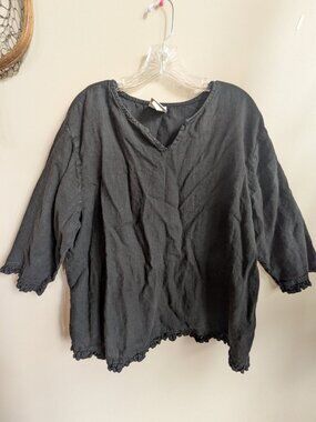 Donna Vintage made in usa black linen shirt ruffle hem and sleeves #773